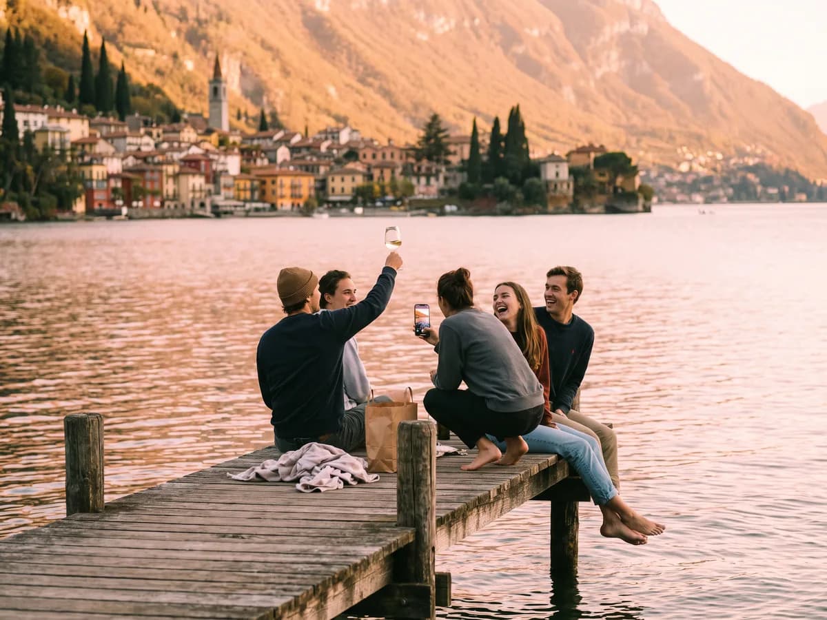 Four friends at the end of a wooden jetty on an alpine lake at golden hour, one raising a glass and one photographing the village across the water.