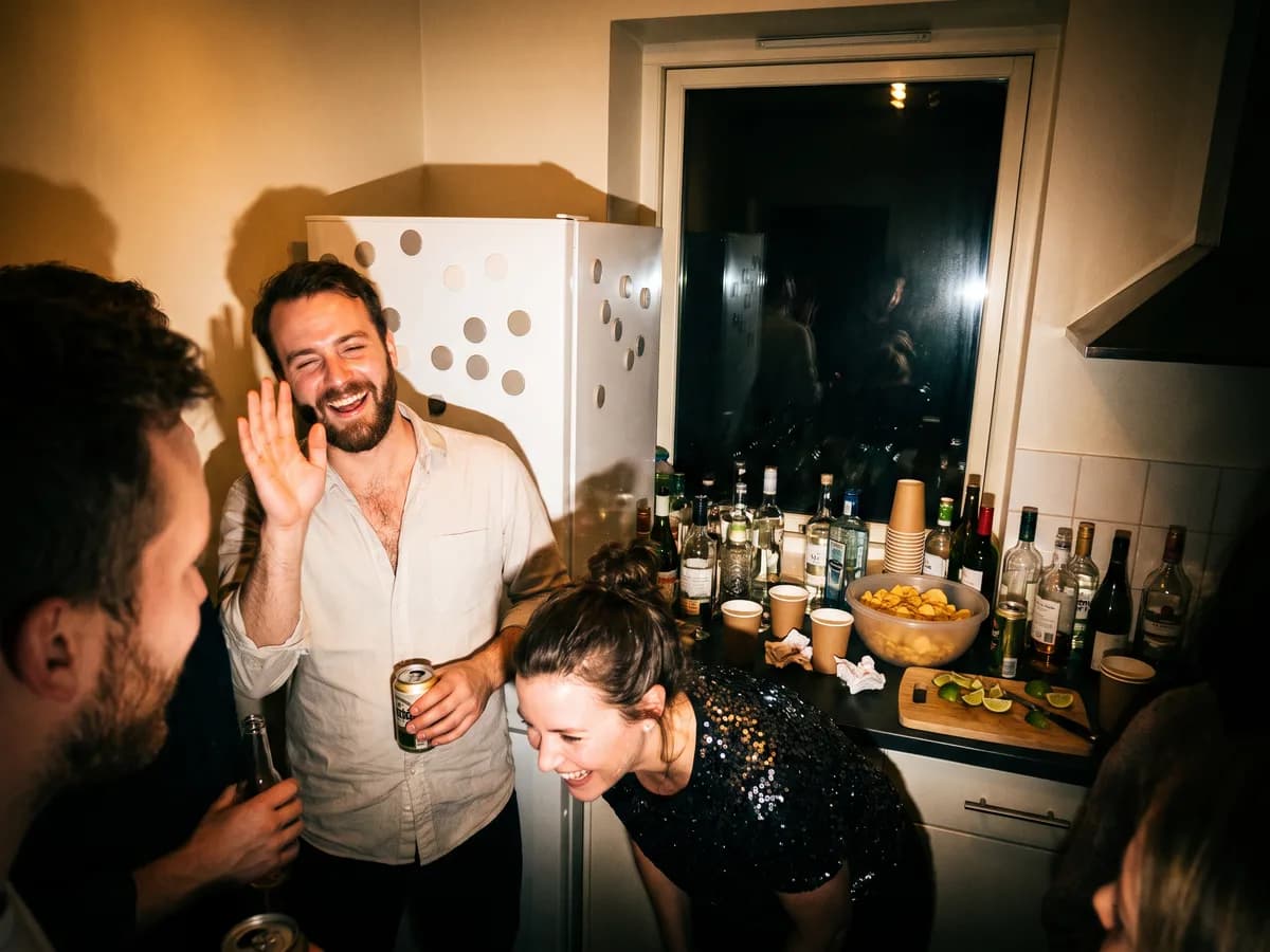 A flash snapshot in a crowded apartment kitchen late at night: a man laughs and shields his eyes while a friend beside him doubles over laughing.