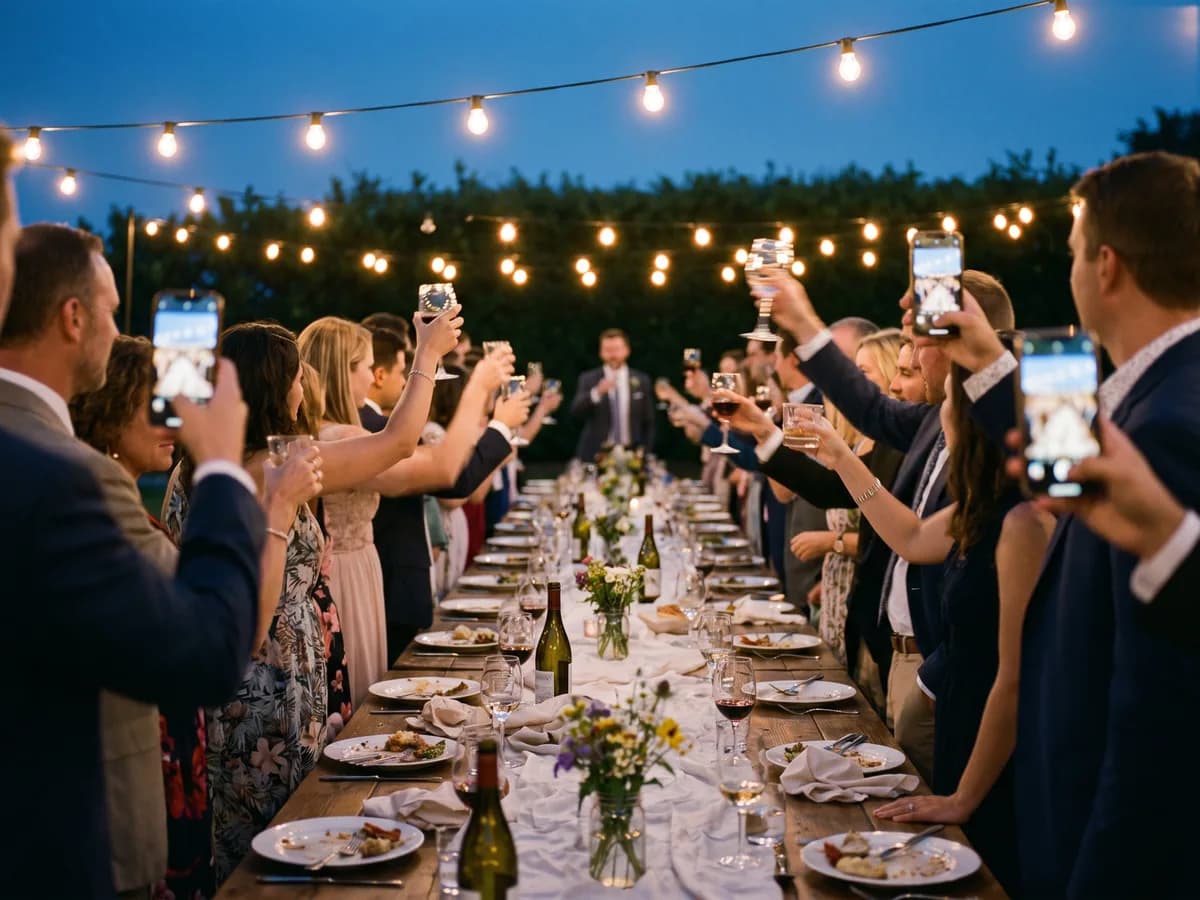 Guests standing along a long outdoor dinner table under string lights at dusk, glasses and phones raised as someone gives a toast.